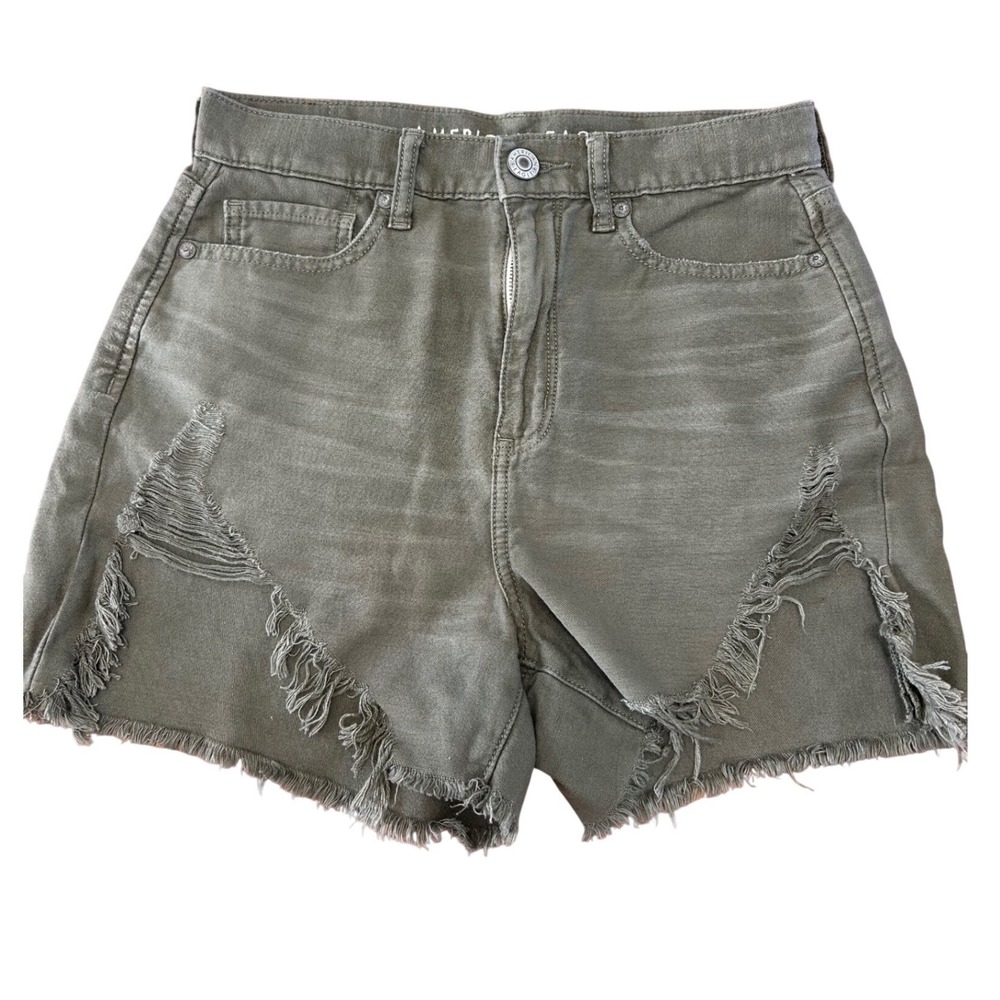 American Eagle Highest Rise‎ Mom Shorts Olive Green Distressed Denim Womens 4